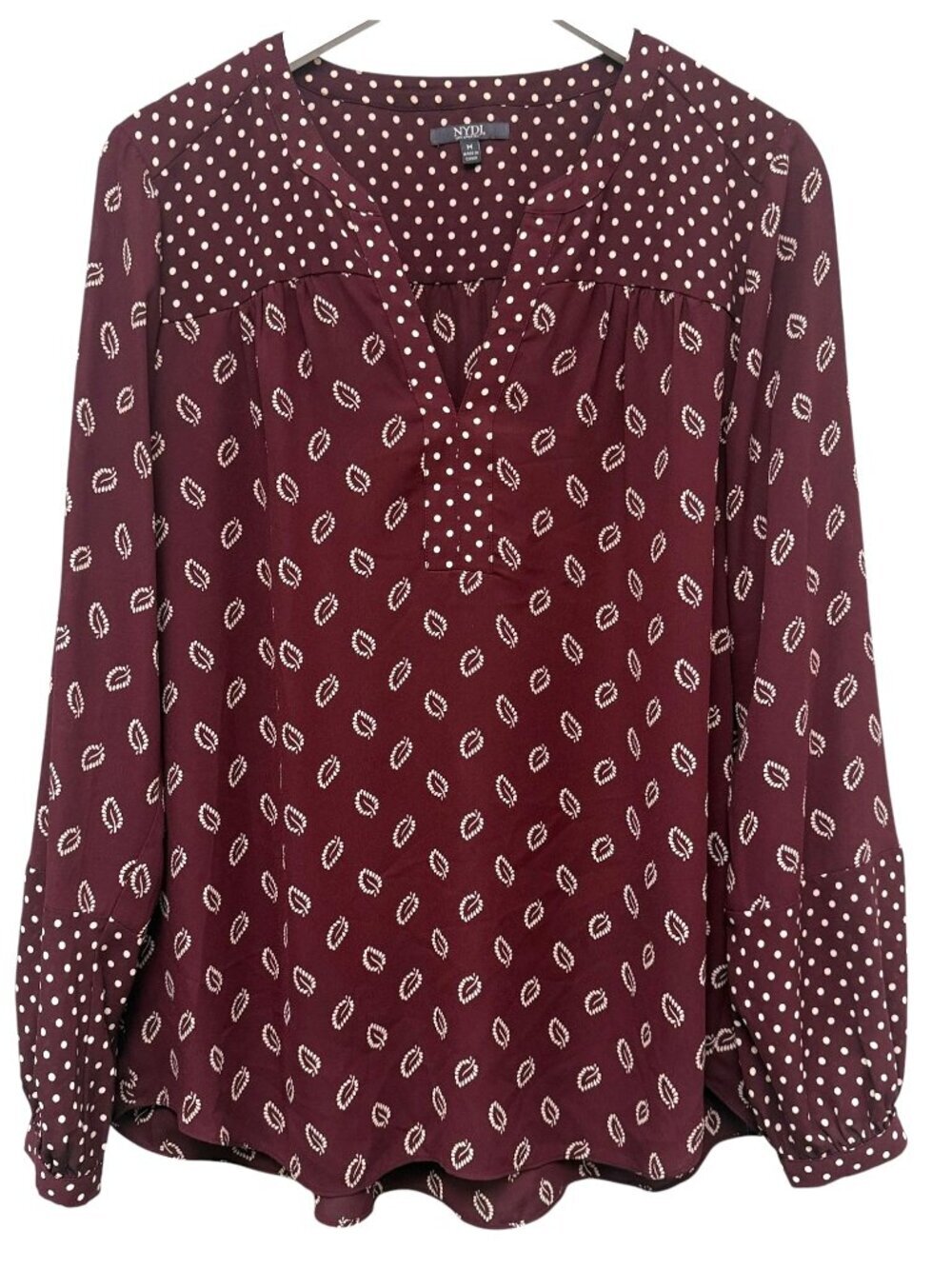 NYDJ Womens Tunic Blouse Medium Burgundy Red Boho Print Peasant Top Pullover